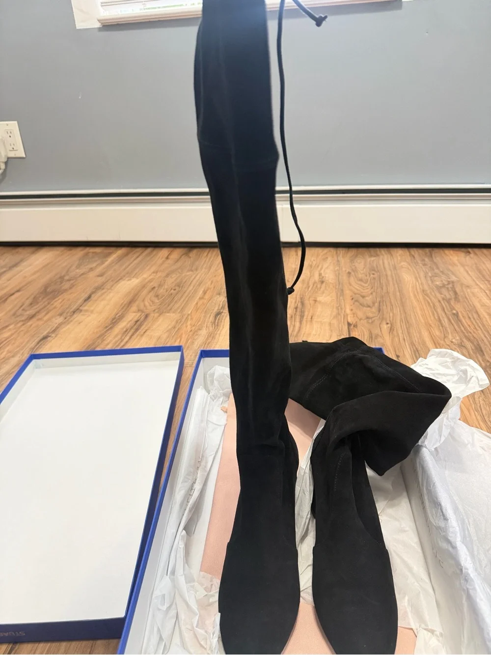 Stuart Weitzman Black Suede Over-the-Knee Block Heel Boots